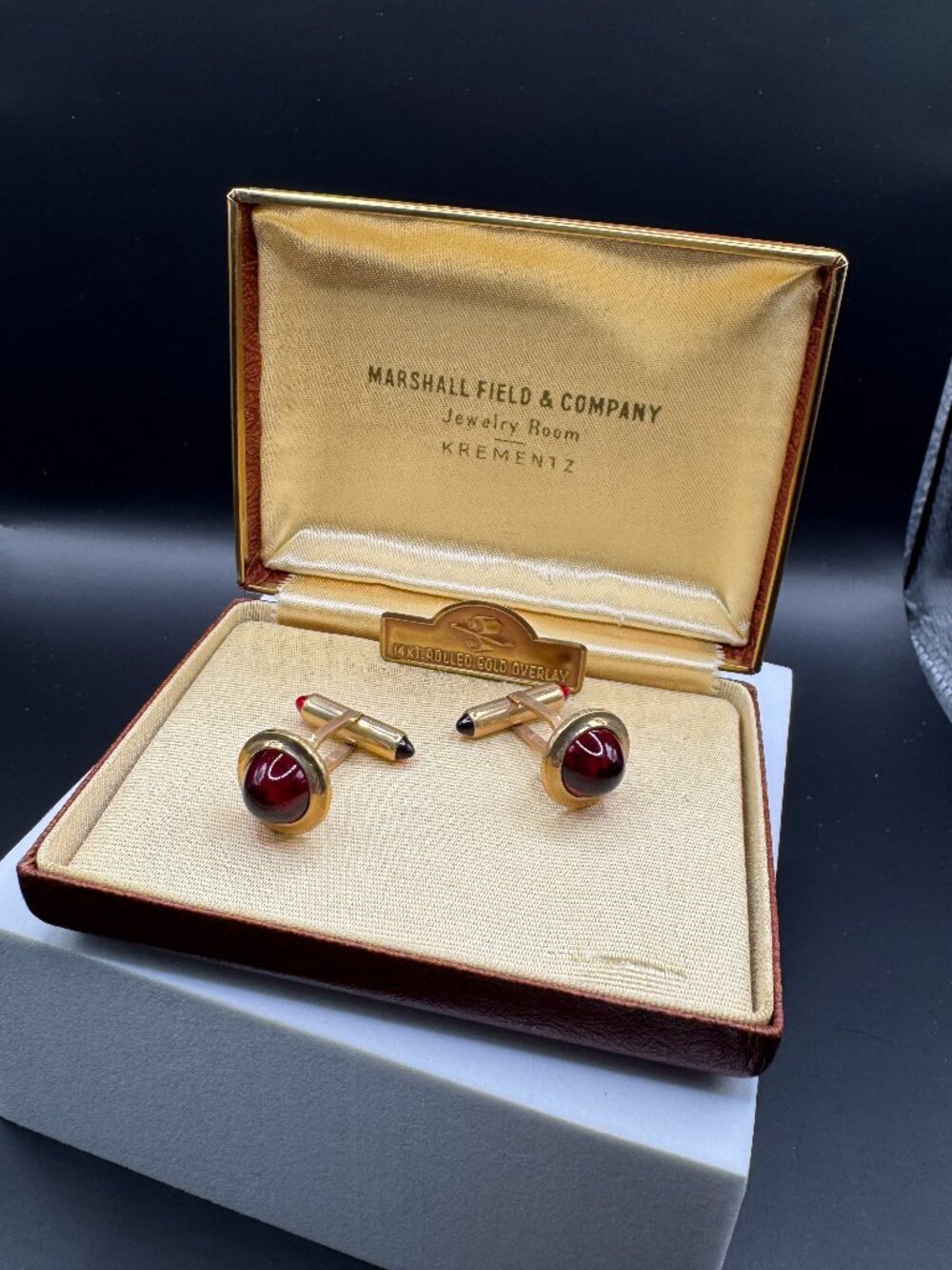 Vintage Krementz Gold Overlay Red Cabochon Cufflinks Marshall Field Box